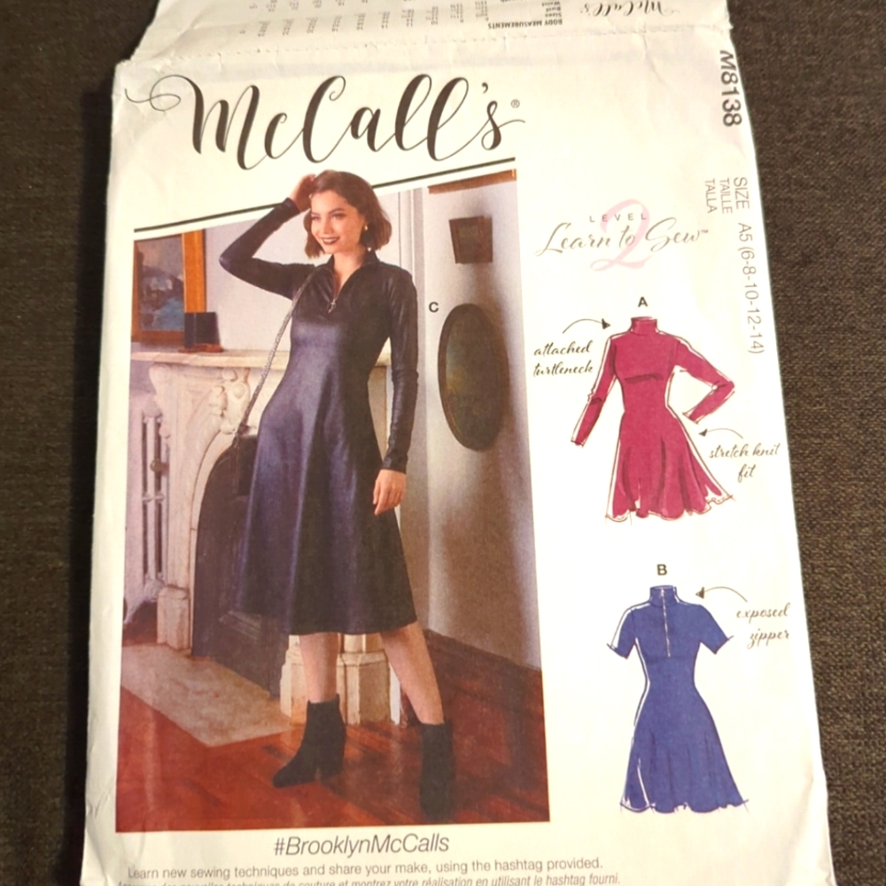 McCall's Pattern M8138 Zip-Up BROOKLYN Turtleneck Skater Dress Sz 6-14 UNCUT